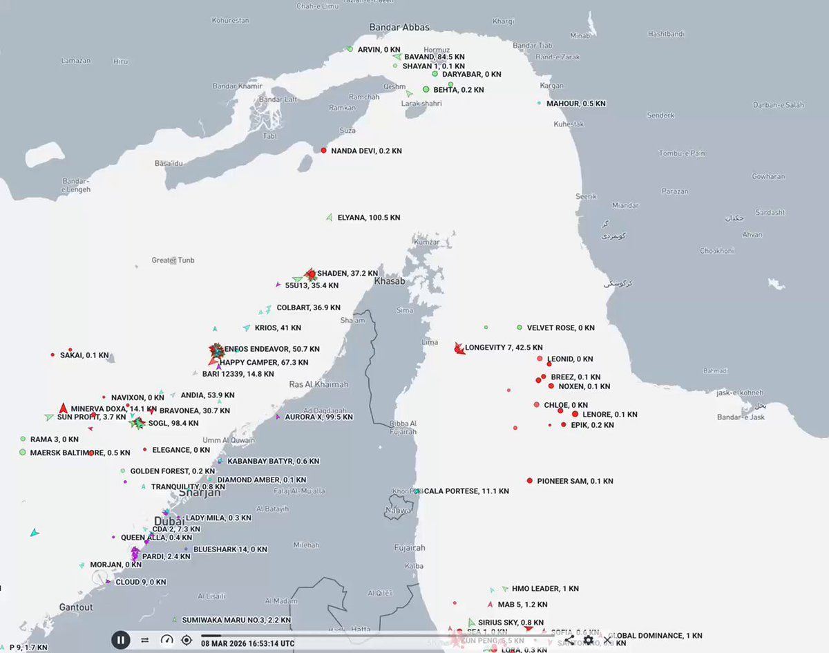 @Visegrád 24: Ships are crossing the Strait of Hormuz: they turn off their transponders before passing through and switch them back on afterward.