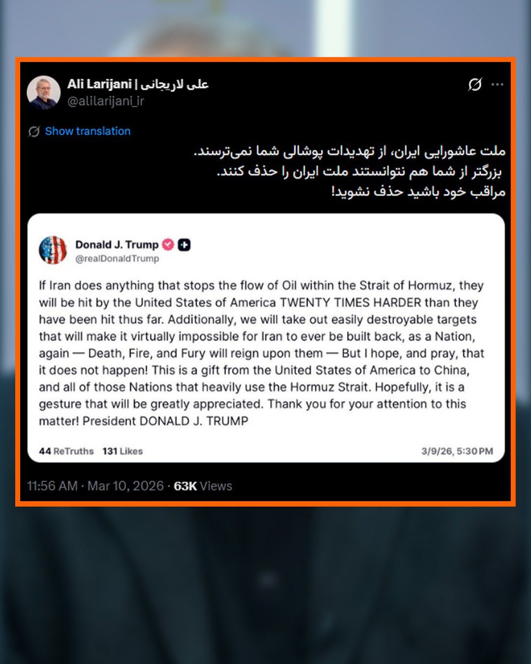 @RadioFarda|راديو فردا: Ali Larijani, the Secretary of Iran's Supreme National Security Council, threatened Donald Trump in a post on the social network X. In this post, Larijani wrote: "The Ashura-loving nation of Iran does