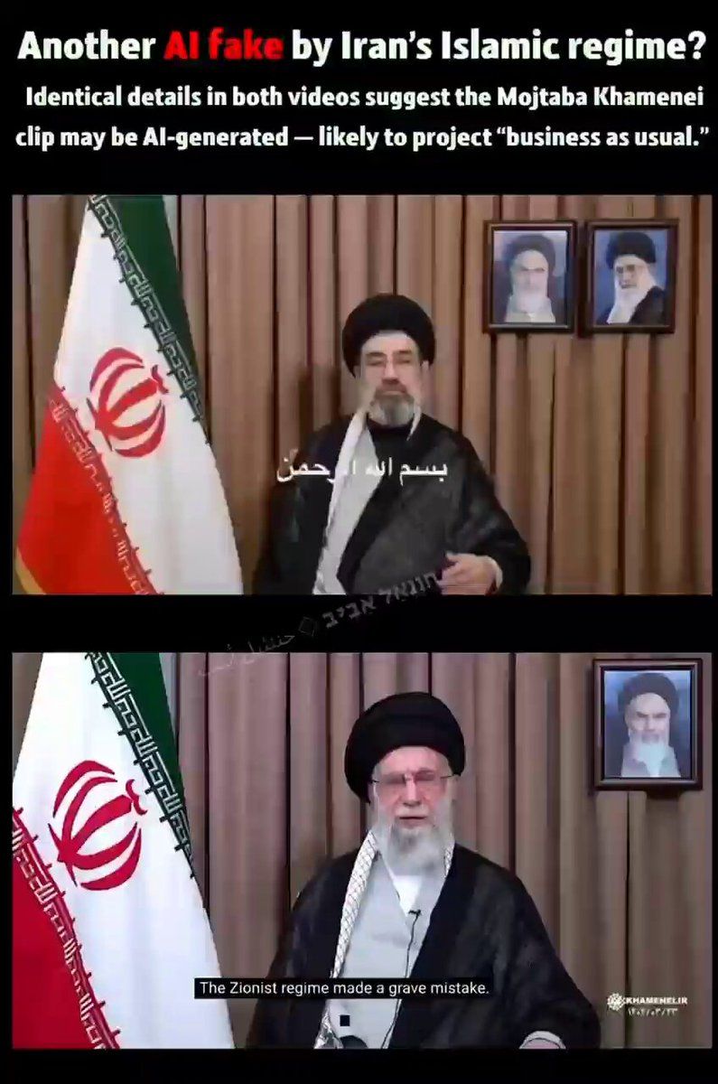 @Eli Afriat 🇮🇱: Supporters of Mojtaba Khamenei created a video using AI showing Mojtaba giving his first speech.
It can be noted that this is actually a speech by Ali, not Mojtaba, which was made using AI.
Mojtaba