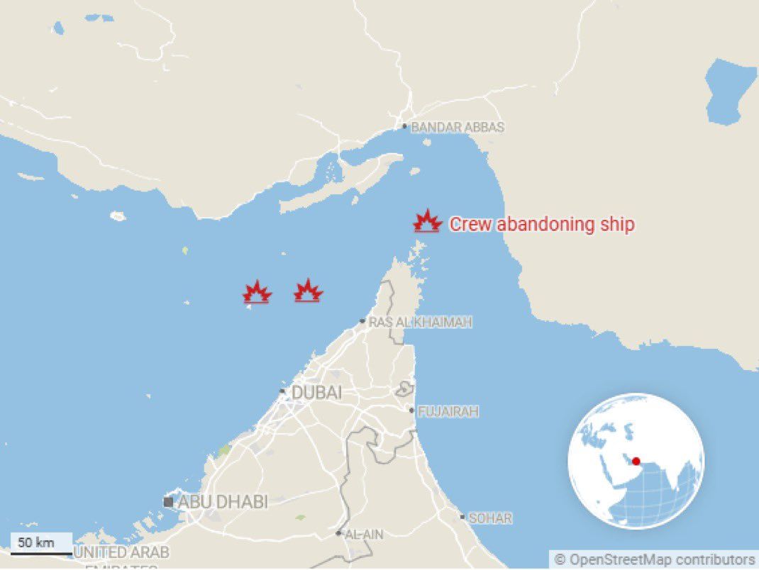 @Visegrád 24: BREAKING:
3 cargo vessels have been attacked by Iran in the Strait of Hormuz.
Two of them were damaged, while a fire broke out on the third one, forcing the crew to abandon ship.