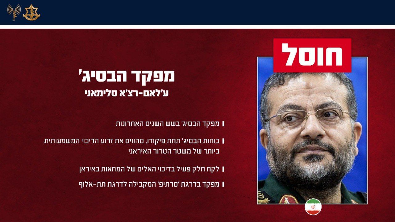 @Shin: #IDF 🇮🇱:
"In a precise strike in Tehran: The IDF eliminated the commander of the Basij unit
The Air Force, guided by precise intelligence from Aman, attacked yesterday (Monday) in a focused manner