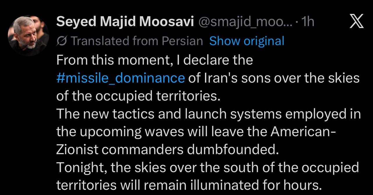 @Open Source Intel: IRGC General Seyed Majid Moosavi declares "missile dominance" over Israeli skies.
One missile hits an apartment building and they start getting cocky.
Lets see how that goes for them