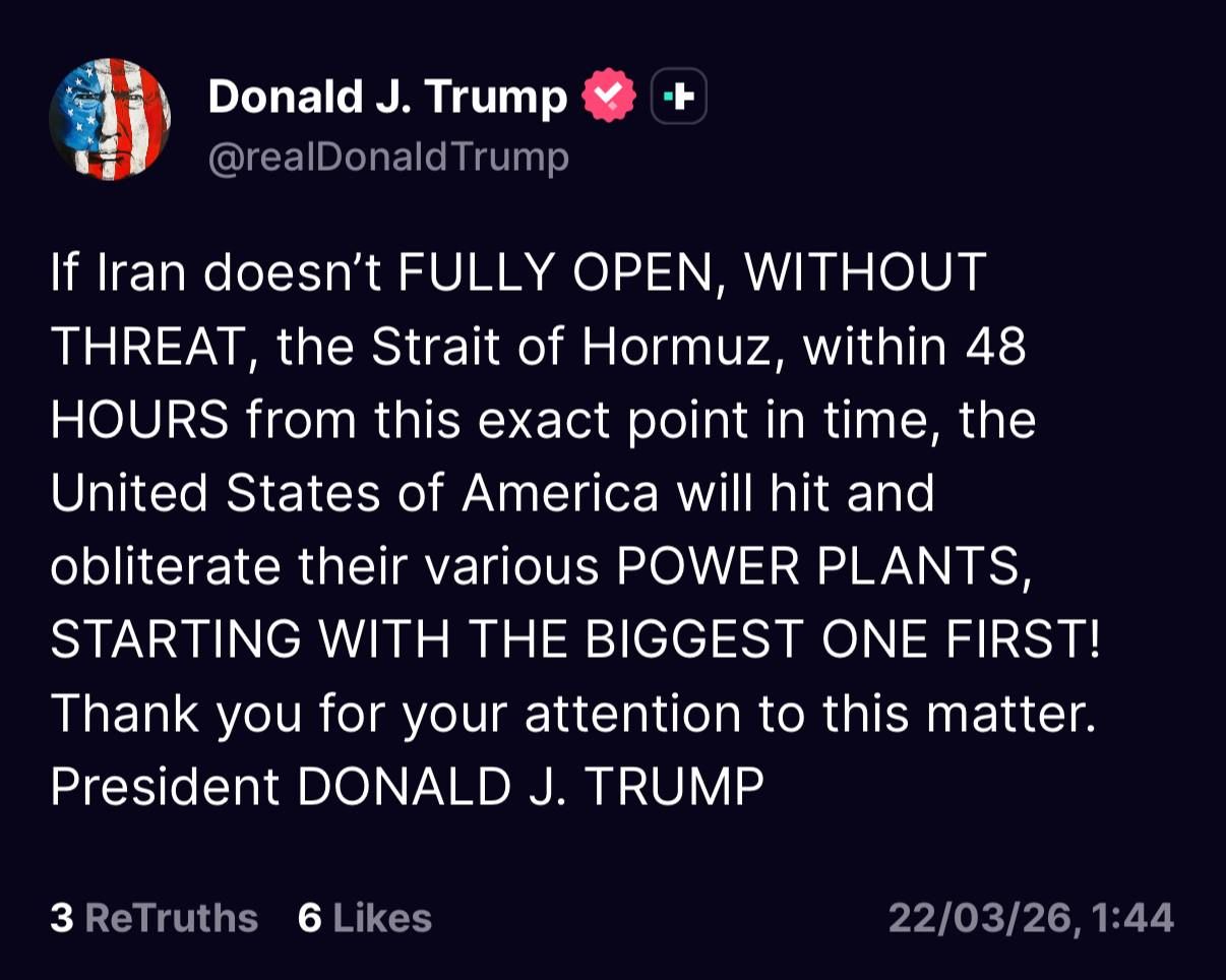 @Eli Afriat 🇮🇱: 🚨🇺🇸🇮🇷HOLY SHIT!!
Trump gives Iran a 48-hour ultimatum to open the Strait of Hormuz - OR HE WILL HIT ITS POWER PLANTS!!