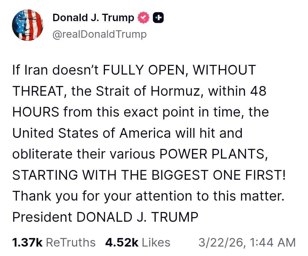 @Visegrád 24: BREAKING:
Trump threatens to destroy Iran’s power plants unless Iran agrees to reopen the Strait of Hormuz within 48 hours