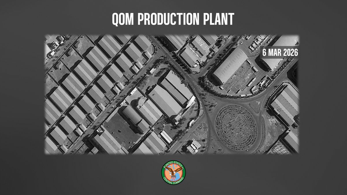@U.S. Central Command: The Qom Turbine Engine Production Plant produced gas turbine engines for attack drones and aircraft components used by Iran's Islamic Revolutionary Guard Corps. The photo dated on March 6, 2026 shows