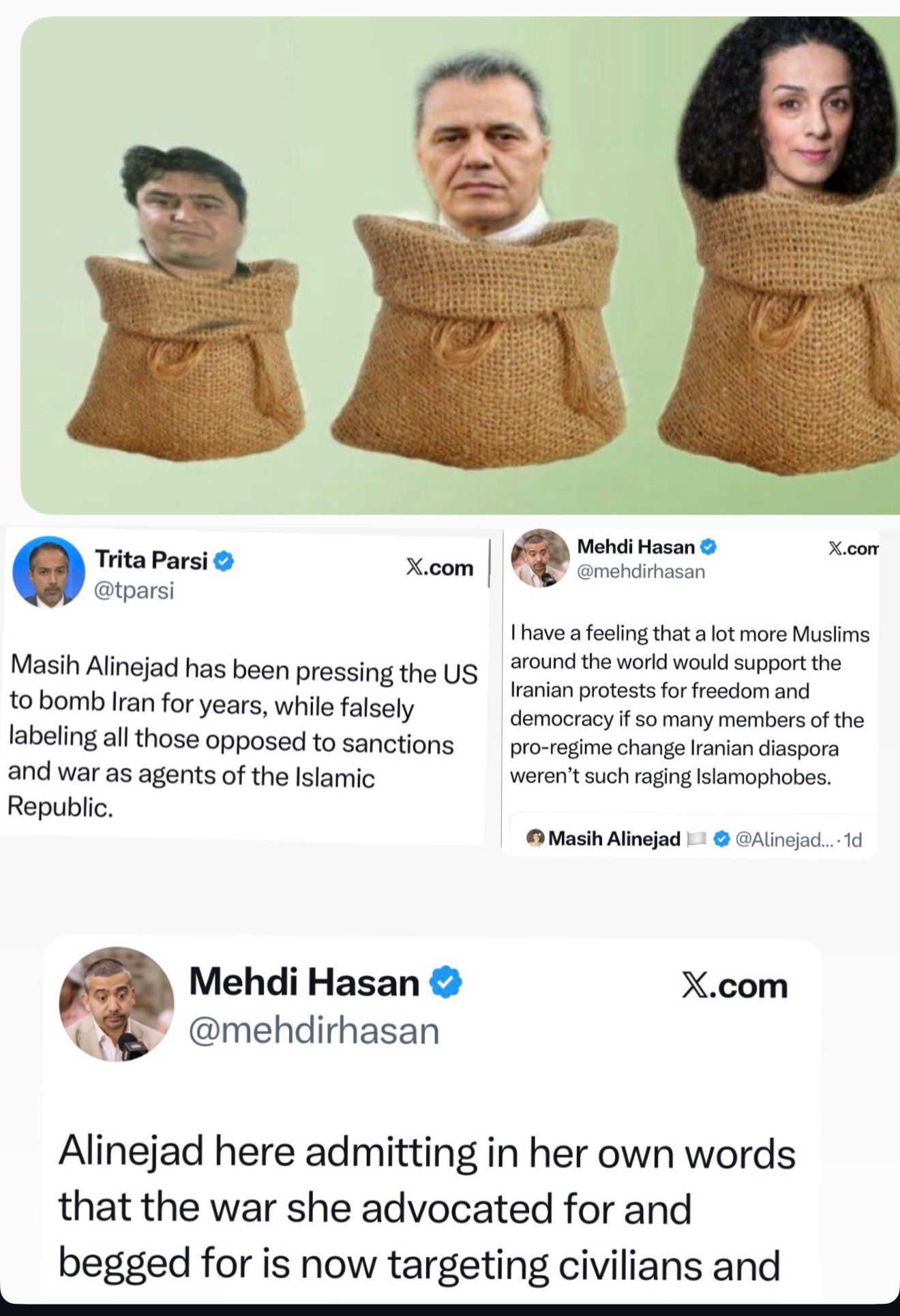 @Masih Alinejad 🏳️: This is the Islamic Republic’s threat: They say we put the last two in a sack, kidnapped them brought them back to Iran and killed them. You’re next. We’ll put you in a sack too.
This is what I’m fac