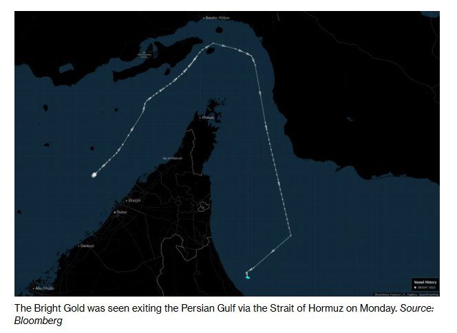 @Open Source Intel: A Chinese-owned tanker, Bright Gold, sailed through the Strait of Hormuz along an Iran-approved coastal route between Qeshm and Larak, signaling its Chinese ownership. Two Indian gas carriers followed