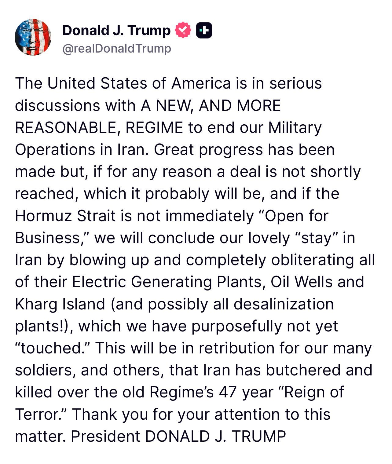 @🇮🇷LiveIranNews🇮🇱: 🚨🇺🇸🦀An hour ago, President Trump posted:
The United States of America is engaged in serious negotiations with a new and more rational regime to end our military operations in Iran. Great progress