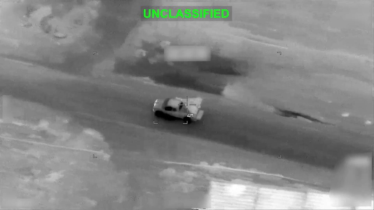 @Babak Taghvaee - The Crisis Watch: BREAKING: This video released by CENTCOM shows the moment a U.S. Air Force MQ-9A Reaper armed drone used an AGM-114R2 Hellfire missile to strike a Toyota Tundra pickup truck carrying a Shahed-136 one-