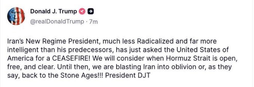 @𝐍𝐢𝐨𝐡 𝐁𝐞𝐫𝐠 🇮🇷 ✡︎: This could very easily be a way to further create division and infighting within the regime in Iran.
I don't believe anyone has asked for a ceasefire.