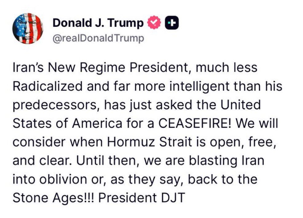 @𝐍𝐢𝐨𝐡 𝐁𝐞𝐫𝐠 🇮🇷 ✡︎: "Iran's new regime president asks for a ceasefire"?
1) Pezeshkian is still President
2) If it's Ghalibaf, he's MORE radical, not less
3) I highly doubt there is a unified regime at all, let alone ask