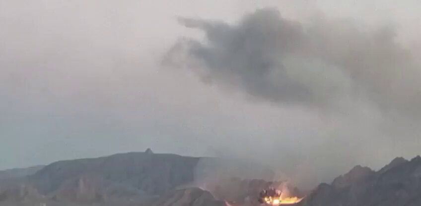 @Babak Taghvaee - The Crisis Watch: BREAKING: Footage shows the aftermath of a U.S. Air Force airstrike against an underground ammunition site of the Iranian Army Ground Force in the mountains of Baharestan near Isfahan. Secondary explo