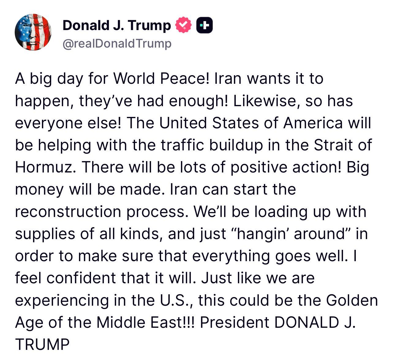 @🇮🇷LiveIranNews🇮🇱: 🚨🇺🇸Post from President Trump right now:
A big day for global peace! Iran wants this to happen, enough is enough! Likewise, everyone else does too! The United States of America will help increase t