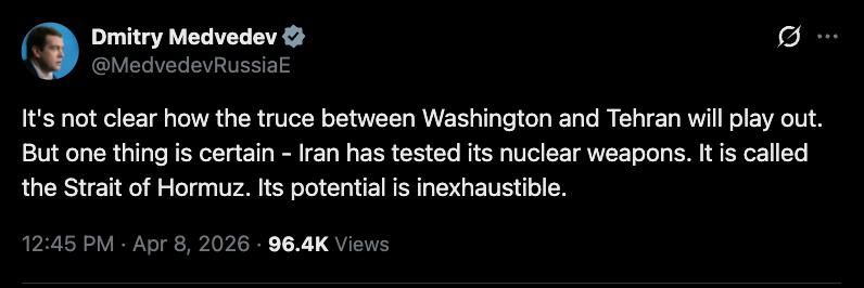 @Visegrád 24: "Iran has tested its nuclear weapons. It is called the Strait of Hormuz."
Former Russian President Dmitry Medvedev commented on the temporary ceasefire between Iran and the United States.