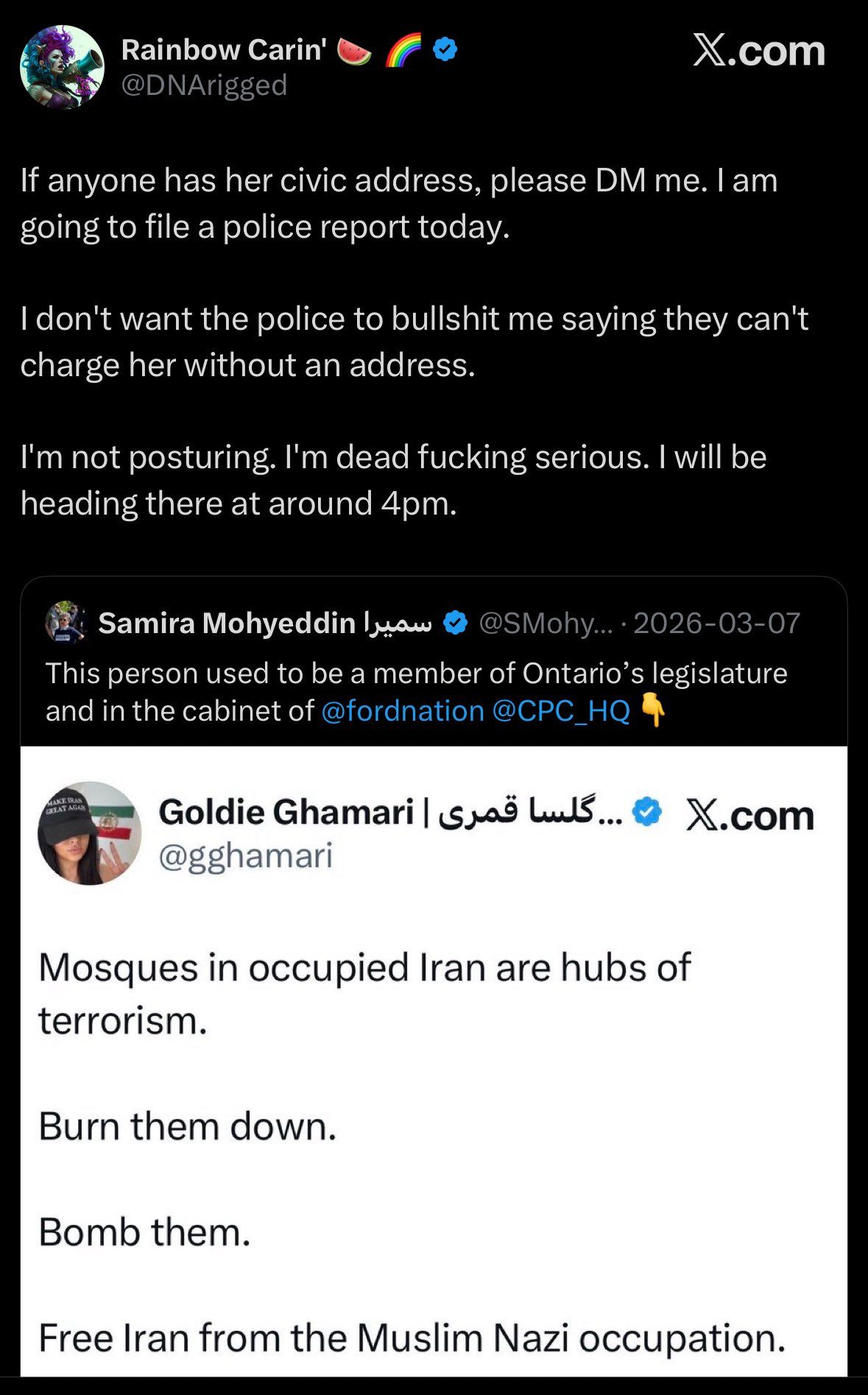 @Goldie Ghamari | گلسا قمری 🇮🇷: This mentally unhinged individual, @DNArigged, is openly trying to dox me and is searching for my home address.
Meanwhile, I have a $250,000 thousand dollar bounty on my head from the terrorist Islam