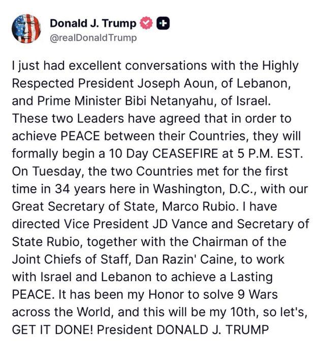 @Visegrád 24: Trump just announced a 10-day ceasefire between Israel and Lebanon
🇮🇱🇱🇧