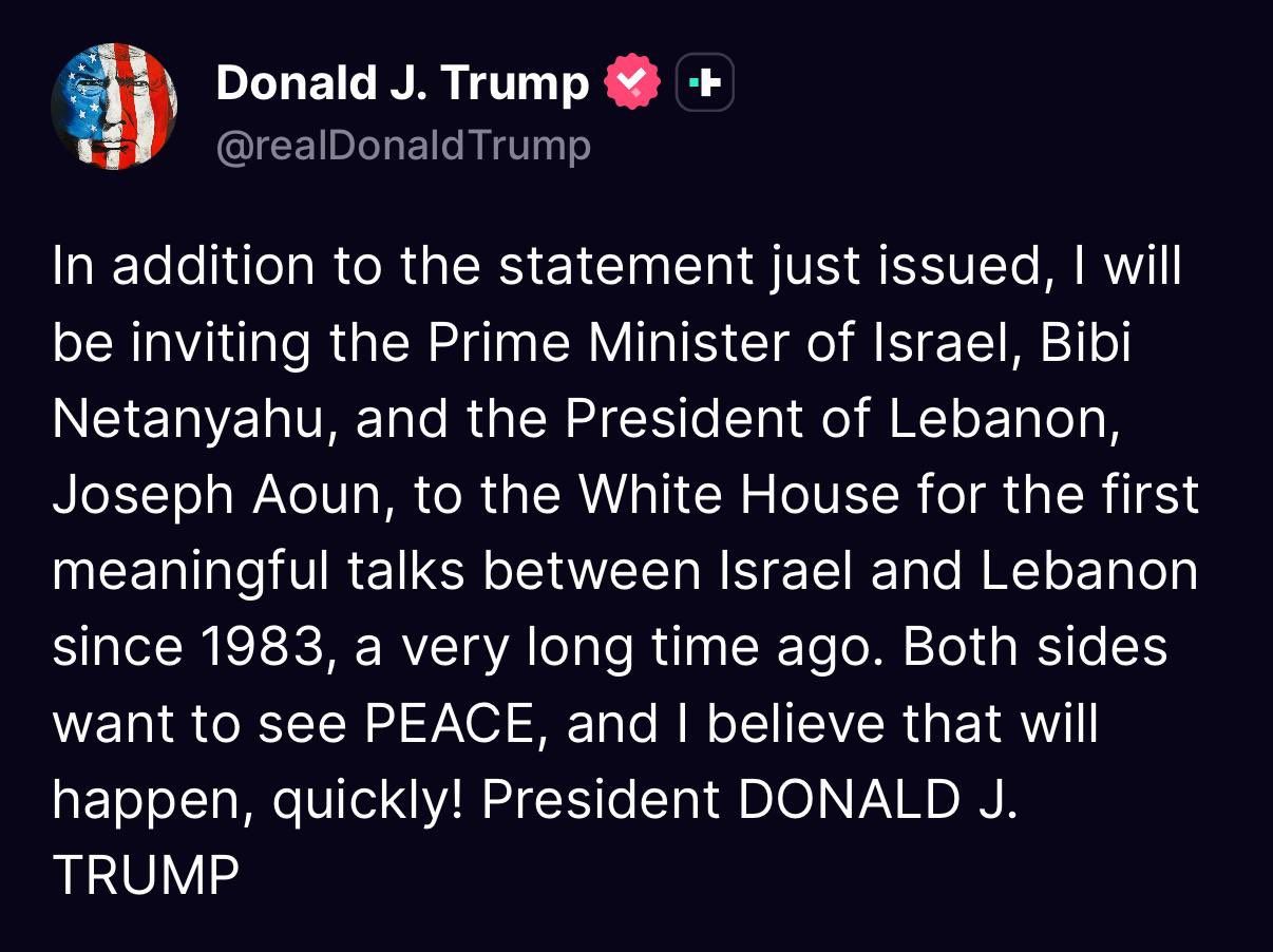 @Eli Afriat 🇮🇱: 🚨🇱🇧🇮🇱 Trump announced: Ceasefire in Lebanon starting at midnight - and lasting 10 days. "I will invite Netanyahu and the Lebanese president for talks at the White House - I believe there will be