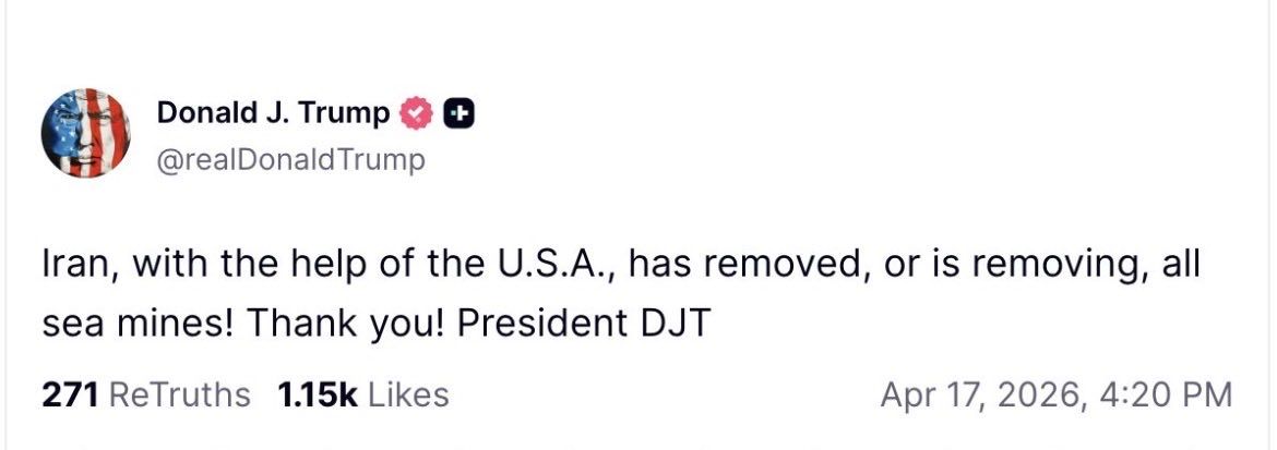 @WarMonitor🇺🇦🇬🇧: Trump:
Iran is removing sea mines from the Strait of Hormuz with the help of the USA.
