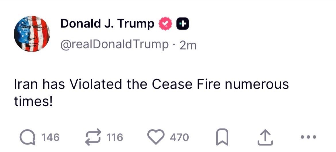 @WarMonitor🇺🇦🇬🇧: Trump just Now:
“Iran has violated the ceasefire numerous times.”