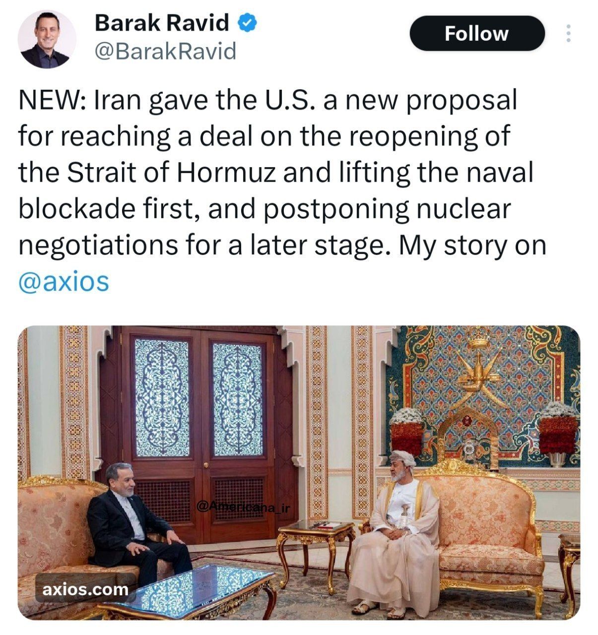 @🇮🇷LiveIranNews🇮🇱: ⚡🇺🇸🦀پیشنهاد تازه رژیم تروریستی جمهوری اسلامی برای فرار از فشارها؛ اول تنگه هرمز بعد پرونده هستهای/براساس گزارش اکسیوس، رژیم تروریستی جمهوری اسلامی به ایالات متحده پیشنهاد داده ابتدا بر سر بازگشایی
