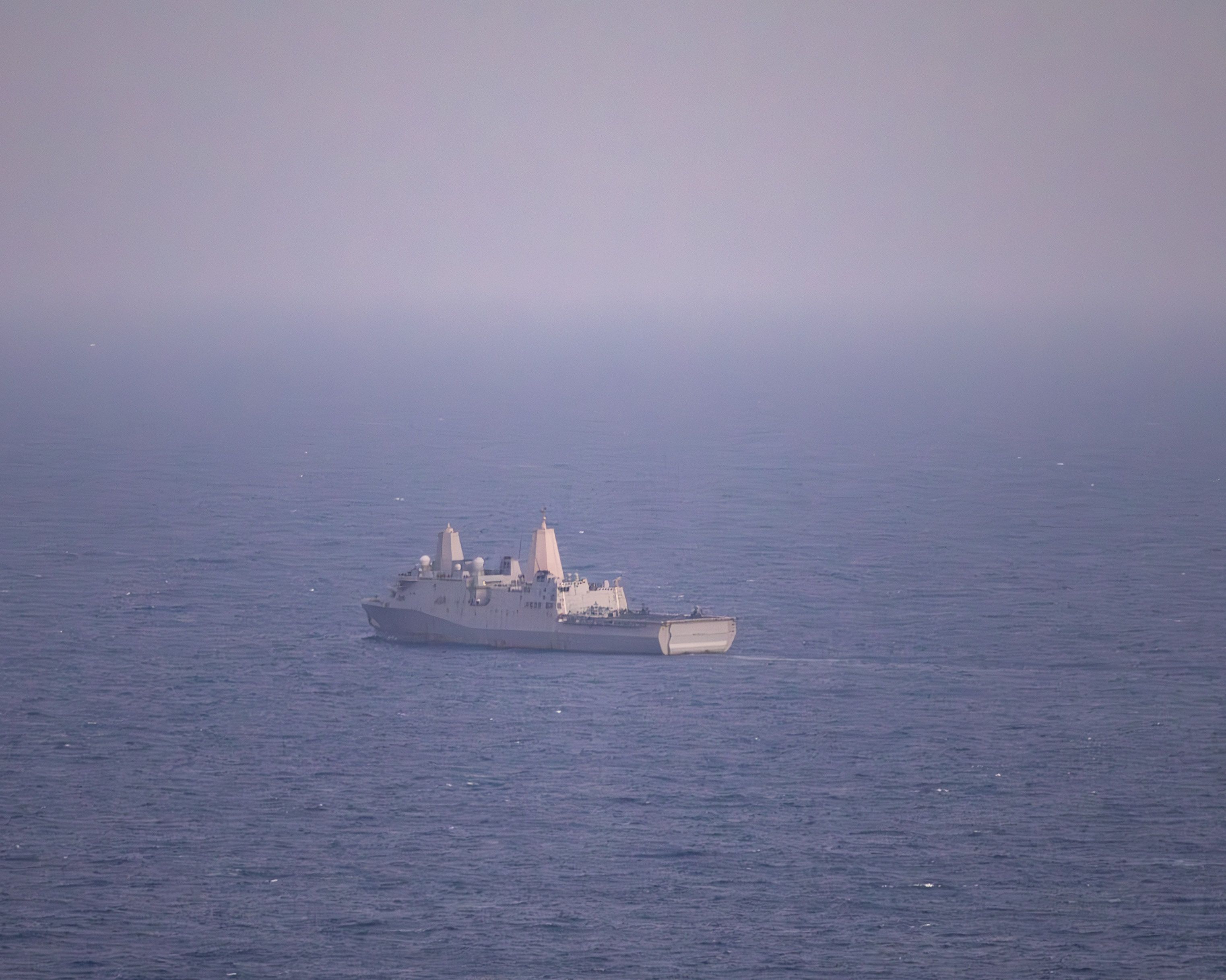 @U.S. Central Command: USS New Orleans (LPD 18) sails in the Arabian Sea during the U.S. blockade of Iranian ports, April 28. Over the past 20 days, 48 vessels have been redirected to ensure compliance with the blockade.