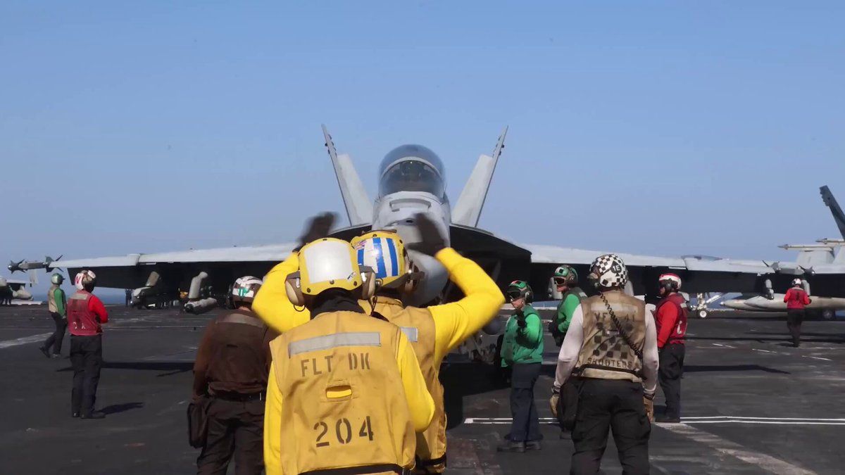 @U.S. Central Command: U.S. Navy F/A-18 Super Hornets launch from USS Abraham Lincoln (CVN 72). Lincoln is one of two aircraft carriers enforcing the blockade on Iranian ports while also supporting Project Freedom.