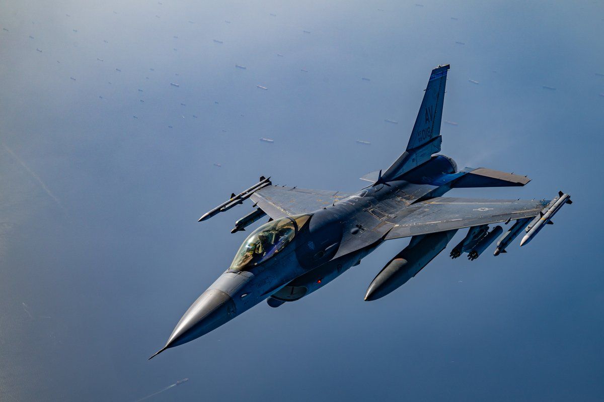 @U.S. Central Command: A U.S. Air Force F-16 fighter jet patrols near the Strait of Hormuz. U.S. forces have a large amount of capability and firepower concentrated in and around the strait to extend a defensive umbrella to