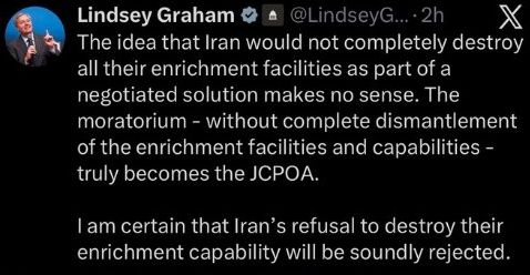 @✡︎𝐋𝐢𝐯𝐞𝐈𝐫𝐚𝐧𝐍𝐞𝐰𝐬🇮🇷🇮🇱: ⚡🇺🇸☢️🦀لیندزی گراهام: بدون نابودی کامل برنامه غنیسازی جمهوری اسلامی، هر توافقی همان برجام است/سناتور جمهوریخواه لیندزی گراهام هشدار داد اگر رژیم تروریستی جمهوری اسلامی مجبور به برچیدن کامل تاسیسات