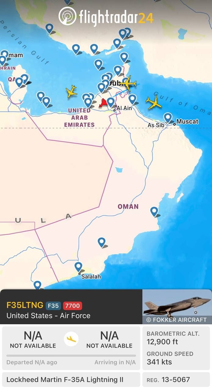 @✡︎𝐋𝐢𝐯𝐞𝐈𝐫𝐚𝐧𝐍𝐞𝐰𝐬🇮🇷🇮🇱: ⚡🇺🇸🇦🇪یک جنگنده رادارگریز اف ۳۵ آمریکا بر فراز امارات کد اضطراری ۷۷۰۰ اعلام کرد/یک فروند جنگنده رادارگریز F35A Lightning II نیروی هوایی آمریکا پس از پرواز از محدوده خلیج عمان و شرق تنگه هرمز، هنگام