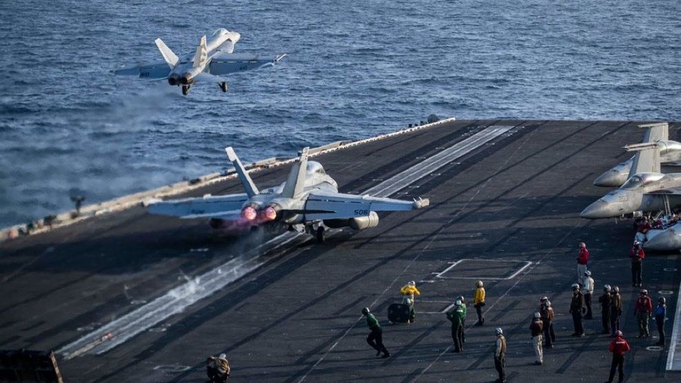 @Open Source Intel: U.S. Central Command (CENTCOM):
"F/A-18 Super Hornets and EA-18G Growlers launch from the flight deck of USS Abraham Lincoln (CVN 72) as it transits the Arabian Sea, May 9."