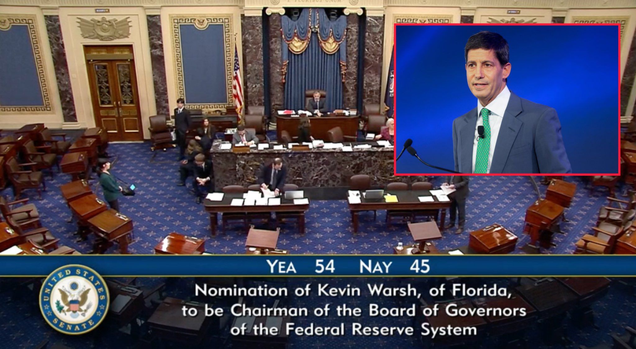 @Open Source Intel: NEW: Kevin Warsh confirmed as Federal Reserve Chair by the U.S. Senate, 54-45.