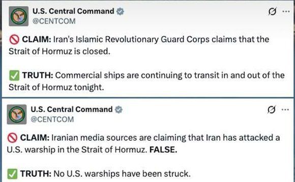 @✡︎𝐋𝐢𝐯𝐞𝐈𝐫𝐚𝐧𝐍𝐞𝐰𝐬🇮🇷🇮🇱: ⚡️🇺🇸🦀سنتکام ادعای رژیم تروریستی جمهوری اسلامی درباره بسته شدن تنگه هرمز را رد کرد./فرماندهی مرکزی ارتش آمریکا اعلام کرد کشتیهای تجاری همچنان در حال عبور از تنگه هرمز هستند و این آبراه بینالمللی ب