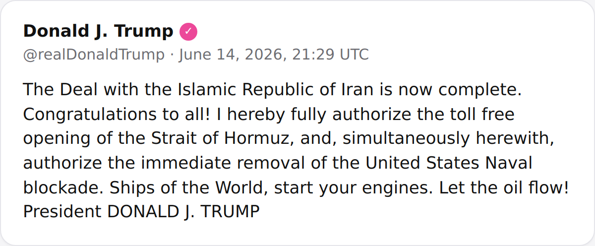 پیامگری از رئیس جمهور:
"پیمان با جمهوری اسلامی ایران اکنون کامل شده است. مبارکباشید به همه! من در حال امضای کامل اجازه رایگان و ۲۴ساعتی عبور از پلهای هرمز هستم و همزمان با این، ...