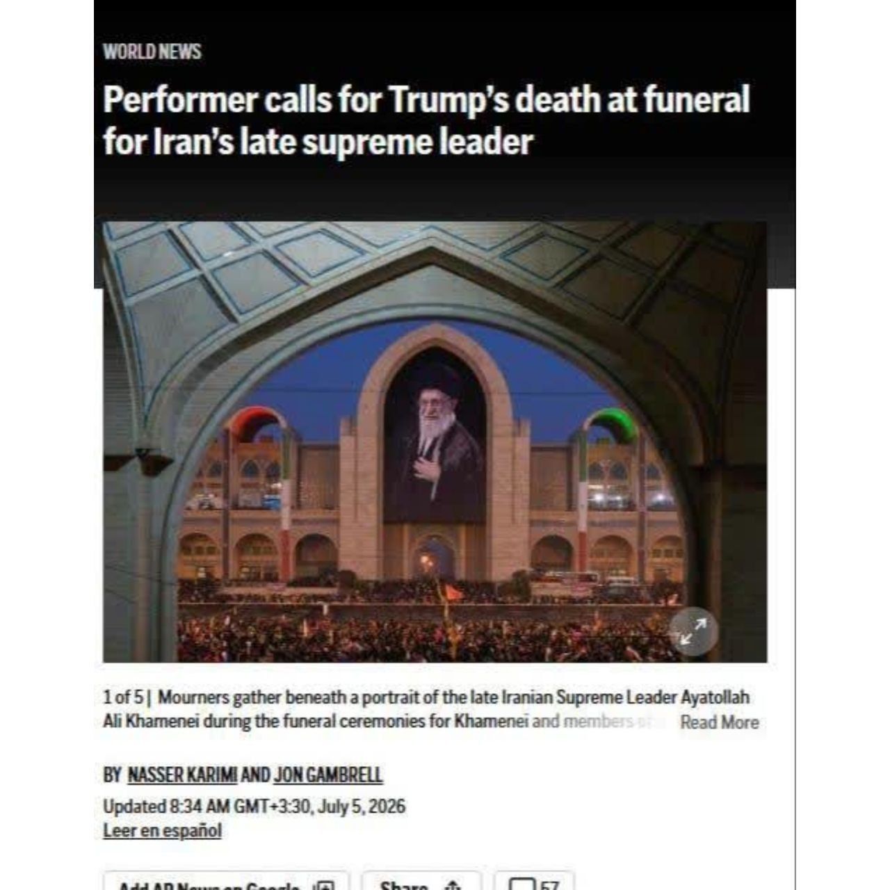 @✡︎𝐋𝐢𝐯𝐞𝐈𝐫𝐚𝐧𝐍𝐞𝐰𝐬🇮🇷🇮🇱: ⚡🇺🇸🦀Associated Press: Public Call to Kill President Trump at Ali Khamenei's Funeral Ceremony/Associated Press reported that Mohammad Rasouli, the host of Ali Khamenei's funeral ceremony, called for