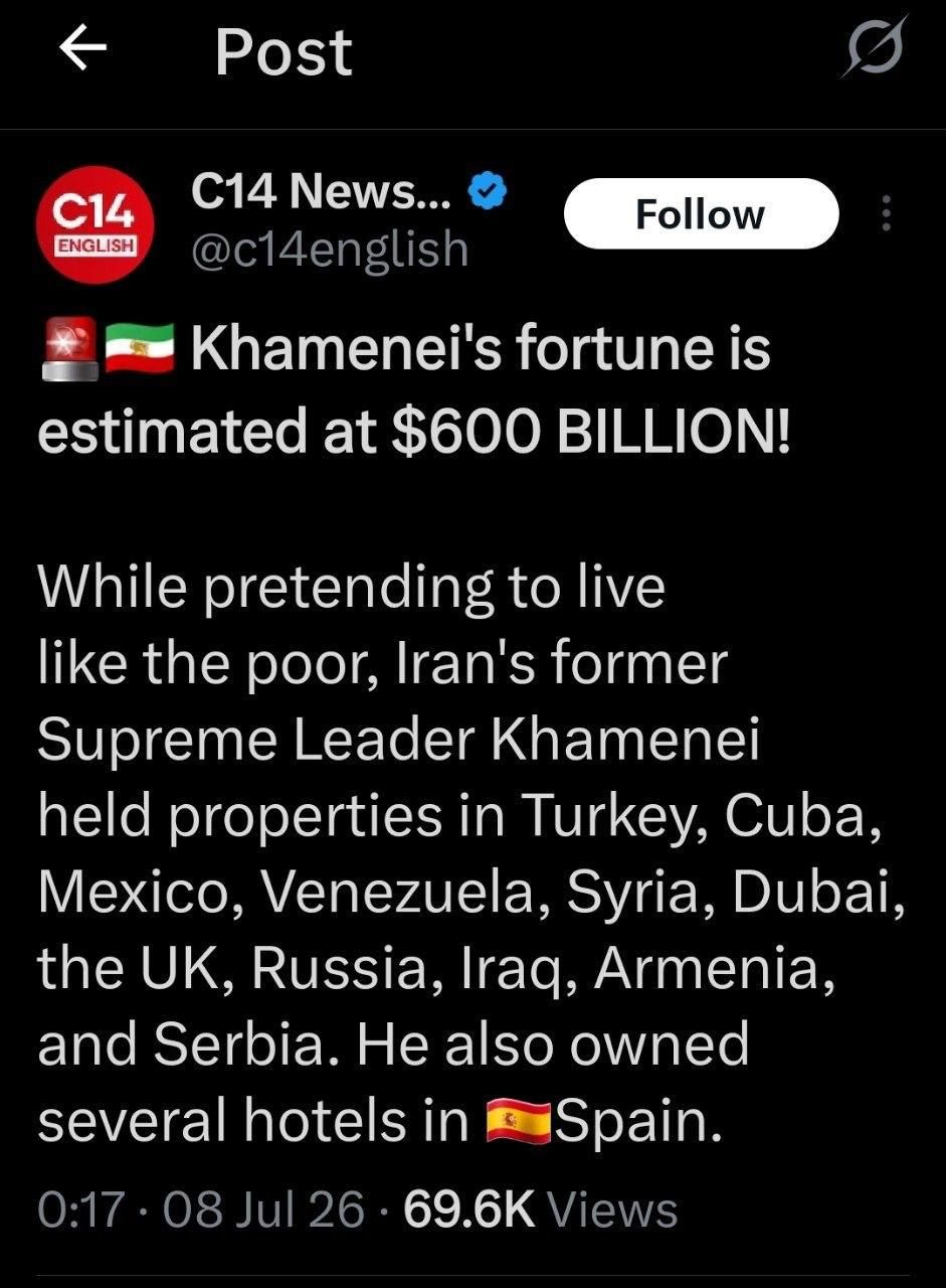 @✡︎𝐋𝐢𝐯𝐞𝐈𝐫𝐚𝐧𝐍𝐞𝐰𝐬🇮🇷🇮🇱: ⚡🇺🇸🇮🇱🦀Israel's Channel 14 has revealed that the stolen wealth of the Iranian people by Khamenei amounts to approximately $600 billion, which has been kept in various countries including Cuba, Rus