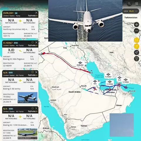 @✡︎𝐋𝐢𝐯𝐞𝐈𝐫𝐚𝐧𝐍𝐞𝐰𝐬🇮🇷🇮🇱: ⚡🇺🇸🦀 Reports indicate a significant presence of U.S. Air Force assets over the Persian Gulf and the Strait of Hormuz. More than a dozen refueling aircraft and advanced reconnaissance and maritime p
