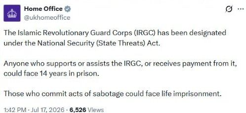@✡︎𝐋𝐢𝐯𝐞𝐈𝐫𝐚𝐧𝐍𝐞𝐰𝐬🇮🇷🇮🇱: ⚡🇬🇧🦀
UK Home Office: Supporting the terrorist group IRGC carries up to 14 years in prison/ The UK Home Office has announced that the terrorist group IRGC has been designated under the "National Sec