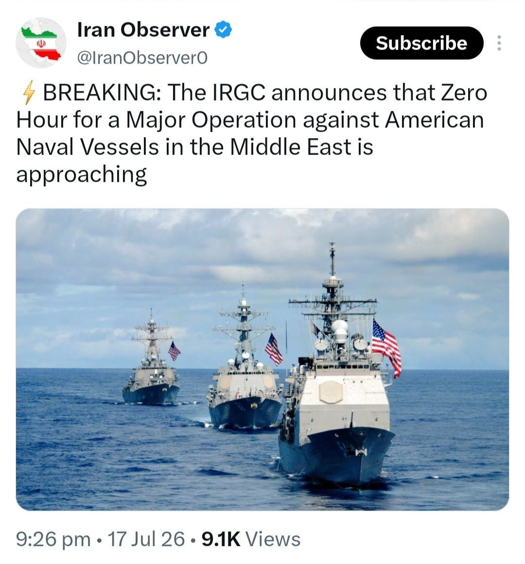 @✡︎𝐋𝐢𝐯𝐞𝐈𝐫𝐚𝐧𝐍𝐞𝐰𝐬🇮🇷🇮🇱: 🚨🇺🇸🦀
گروه تروریستی سپاه پاسداران از نزدیک بودن آغاز عملیات علیه شناورهای نظامی آمریکا خبر داد/گروه تروریستی سپاه پاسداران انقلاب اسلامی با انتشار بیانیهای اعلام کرد زمان آغاز یک عملیات بزرگ علیه