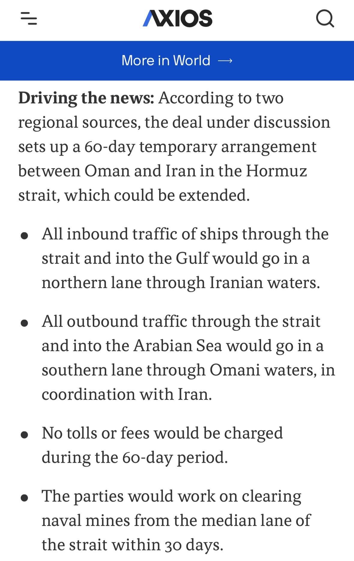 @✡︎𝐋𝐢𝐯𝐞𝐈𝐫𝐚𝐧𝐍𝐞𝐰𝐬🇮🇷🇮🇱: 🚨🇺🇸🇴🇲🦀
Axios: Temporary agreement on the Strait of Hormuz may be announced starting tomorrow
Barak Ravid, Axios reporter, reported that a temporary agreement on the Strait of Hormuz may be