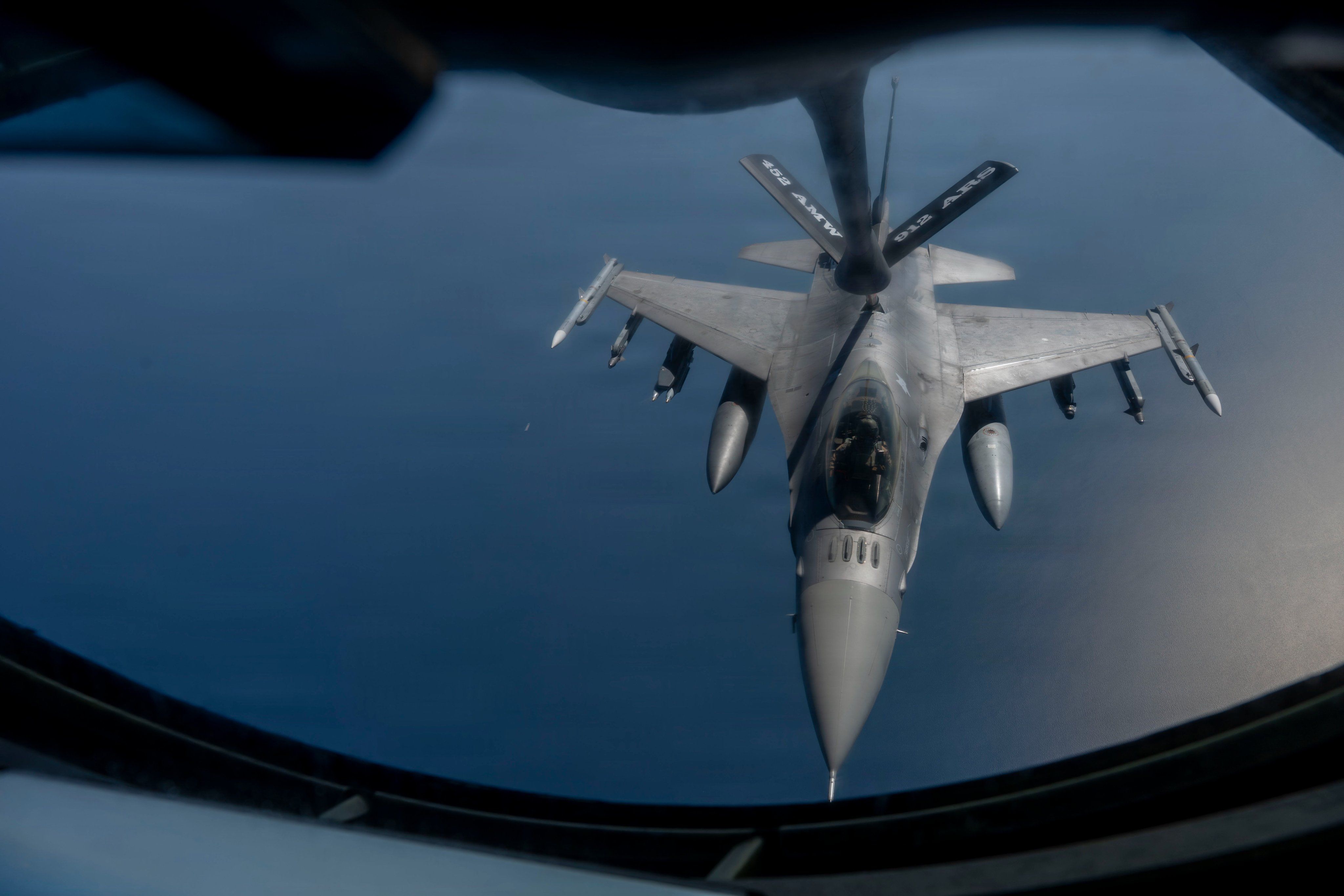 @U.S. Central Command: A U.S. Air Force F-16 fighter jet is refueled during a patrol over regional waters in the Middle East while the U.S. continues enforcement of the blockade against Iran. As of Aug. 5, CENTCOM forces ha