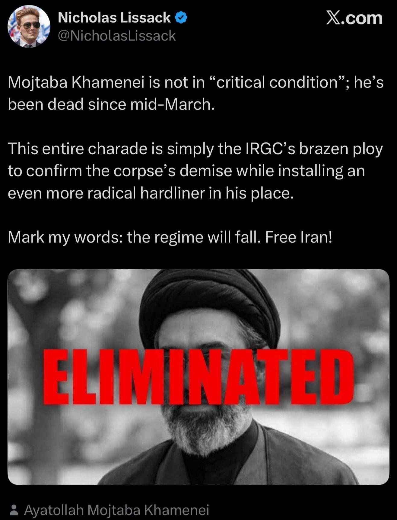 @✡︎𝐋𝐢𝐯𝐞𝐈𝐫𝐚𝐧𝐍𝐞𝐰𝐬🇮🇷🇮🇱: ⚡🇬🇧🦀
نیکلاس لیساک: مجتبی خامنهای از اواسط مارس مرده است
نیکلاس لیساک، فعال سیاسی بریتانیایی، در توییتی نوشت: «مجتبی خامنهای در وضعیت وخیم نیست، او از اواسط ماه مارس مرده است. تمام این ماجرا صرفا