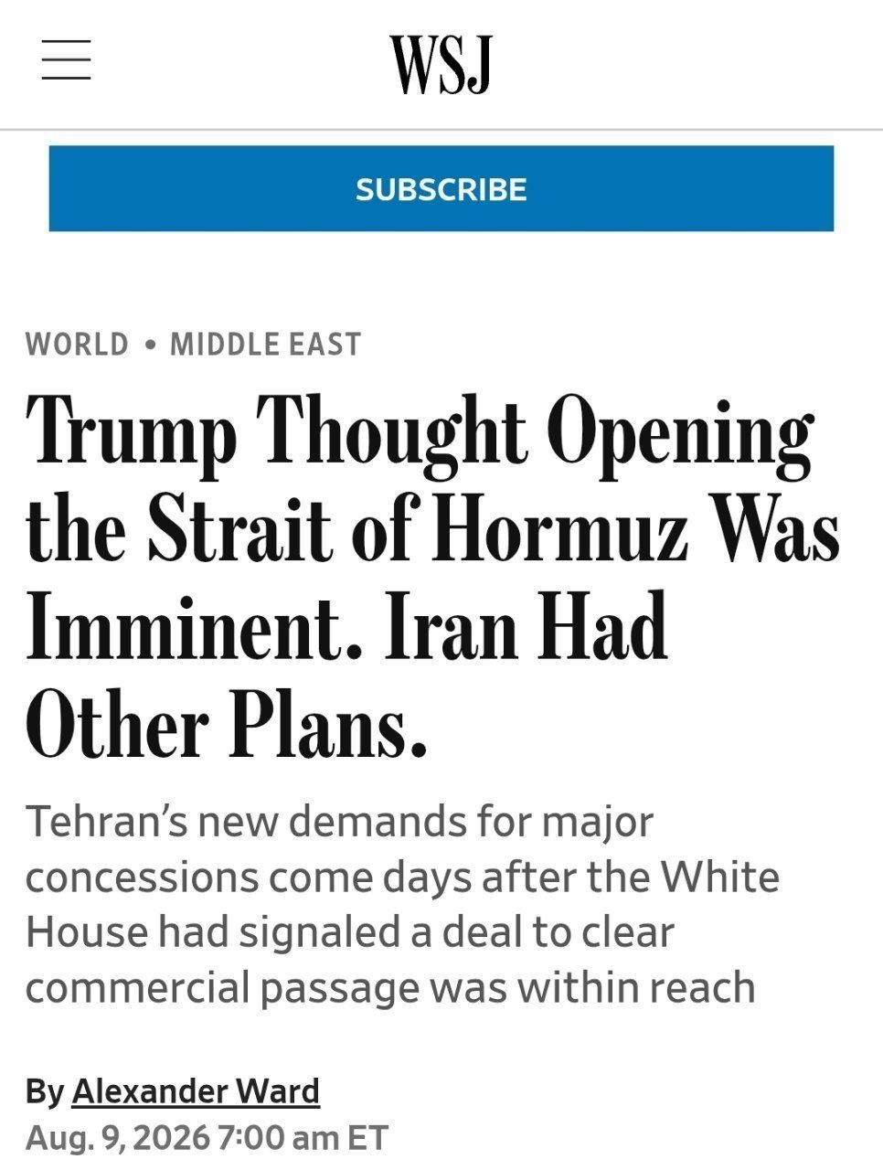 @✡︎𝐋𝐢𝐯𝐞𝐈𝐫𝐚𝐧𝐍𝐞𝐰𝐬🇮🇷🇮🇱: ⚡🇺🇸🦀
والاستریت ژورنال گزارش داد پرزیدنت ترامپ آماده است به محض بازگشایی تنگه هرمز از سوی رژیم تروریستی جمهوری اسلامی، حتی بدون دستیابی به توافق هستهای، به جنگ پایان دهد. مقامهای دولت آمریکا در گ