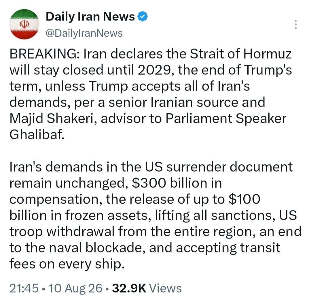 @✡︎𝐋𝐢𝐯𝐞𝐈𝐫𝐚𝐧𝐍𝐞𝐰𝐬🇮🇷🇮🇱: 🚨🇺🇸🦀
گزارشها: رژیم تروریستی جمهوری اسلامی تهدید کرده تنگه هرمز را تا پایان دوره ریاستجمهوری پرزیدنت ترامپ بسته نگه دارد
بر اساس اظهارات منتسب به یک منبع ارشد رژیم و مجید شاکری، مشاور رئیس طویله