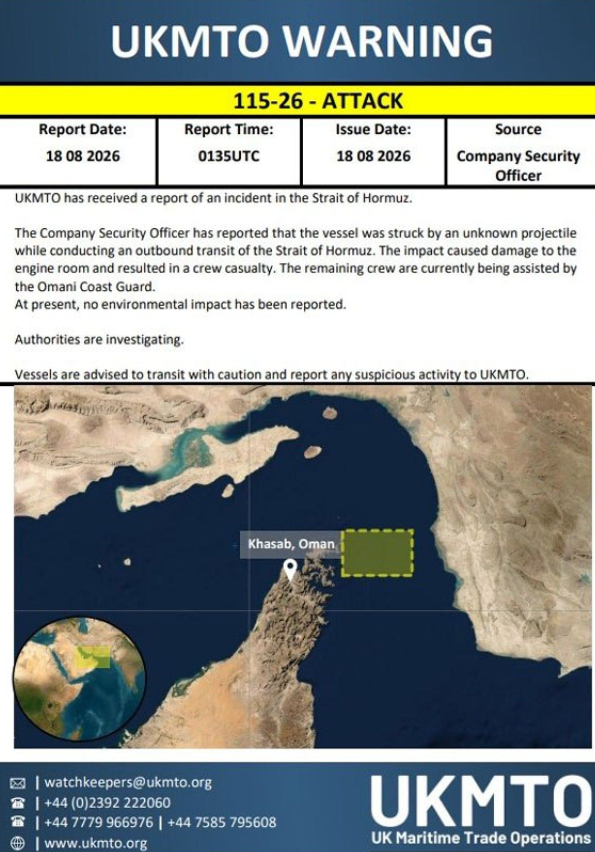 @✡︎𝐋𝐢𝐯𝐞𝐈𝐫𝐚𝐧𝐍𝐞𝐰𝐬🇮🇷🇮🇱: 🚨🇬🇧🇴🇲
Unidentified Projectile Hits Ship in Strait of Hormuz; One Crew Member Injured
The UK Maritime Trade Operations (UKMTO) announced that a ship was struck by an unidentified projectile while