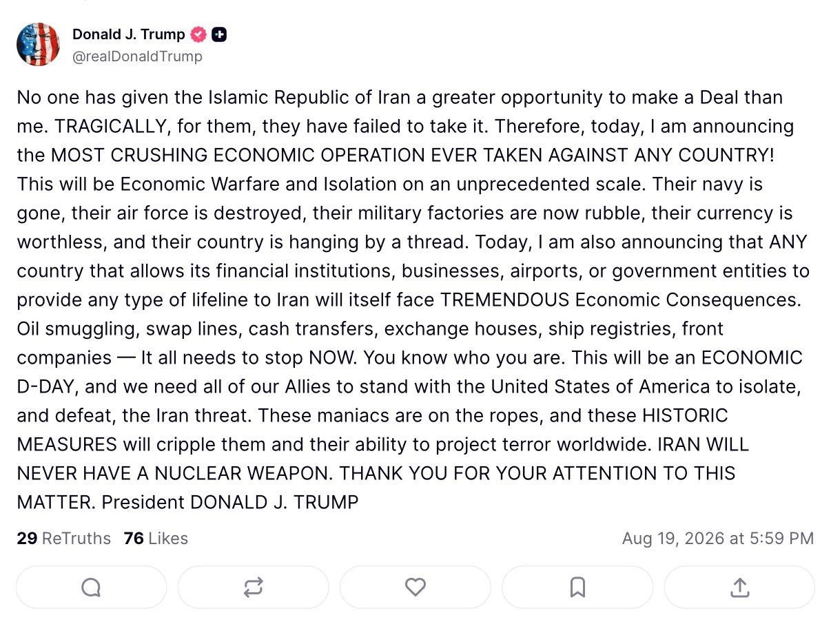 @Open Source Intel: BREAKING 🔴
U.S. President Donald Trump: "No one has given the Islamic Republic of Iran a greater opportunity to make a Deal than me. TRAGICALLY, for them, they have failed to take it. Therefore, tod