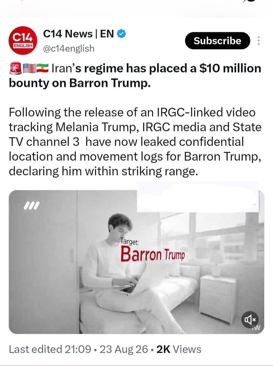 @✡︎𝐋𝐢𝐯𝐞𝐈𝐫𝐚𝐧𝐍𝐞𝐰𝐬🇮🇷🇮🇱: ⚡🇺🇸🦀
کانال ۱۴ اسرائیل: رژیم جمهوری اسلامی برای قتل بارون ترامپ، فرزند پرزیدنت ترامپ، جایزهای ۱۰ میلیون دلاری تعیین کرده است. بر اساس این گزارش، پس از انتشار ویدیویی مرتبط با سپاه پاسداران درباره ر