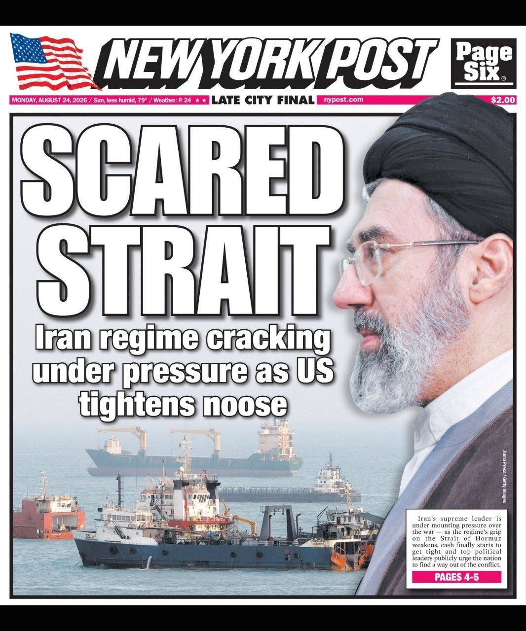 @✡︎𝐋𝐢𝐯𝐞𝐈𝐫𝐚𝐧𝐍𝐞𝐰𝐬🇮🇷🇮🇱: ⚡🇺🇸🦀
New York Post: Three Major Threats Simultaneously Have the Occupying Regime of the Islamic Republic in a Tight Spot
The New York Post wrote on its front cover today that the terrorist regime o