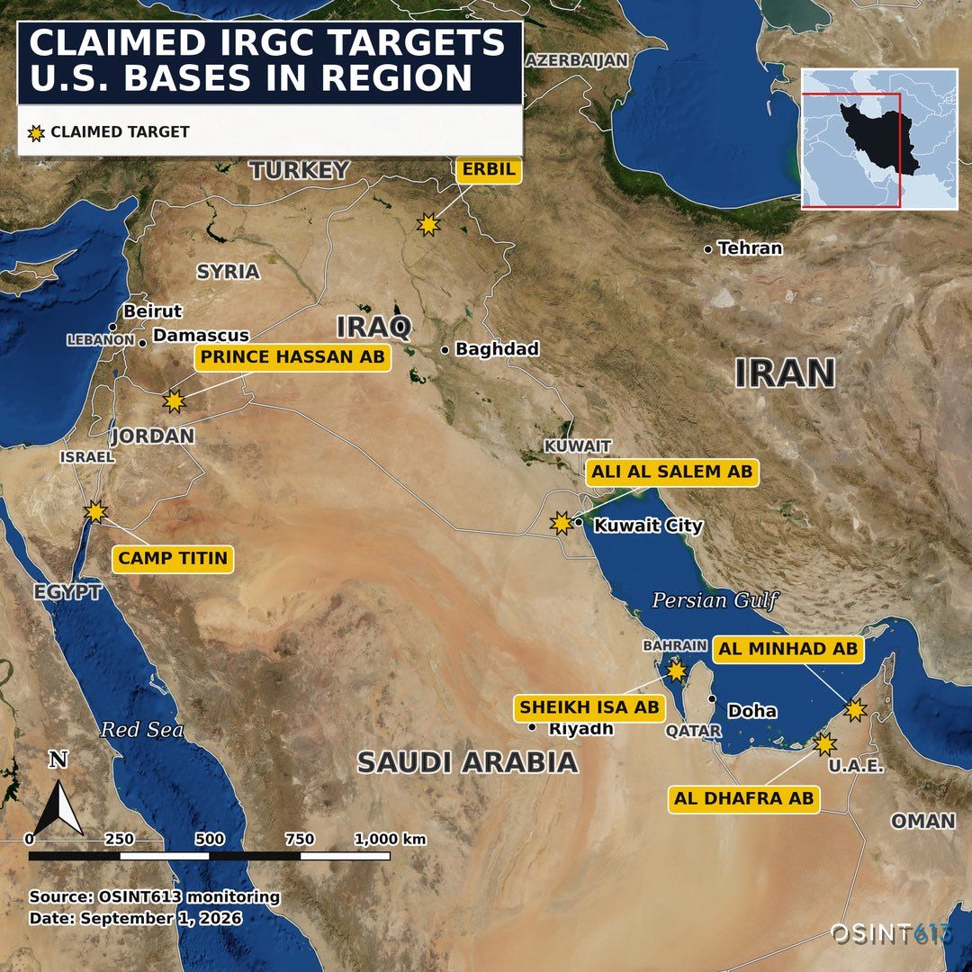 @Open Source Intel: MAP: Claimed IRGC targets overnight across the region:
• Al Dhafra Air Base, UAE: Drones targeting radars and U.S. positions
• Al Minhad Air Base, UAE: Drone attack
• Ali Al Salem Air Base, Kuwait: