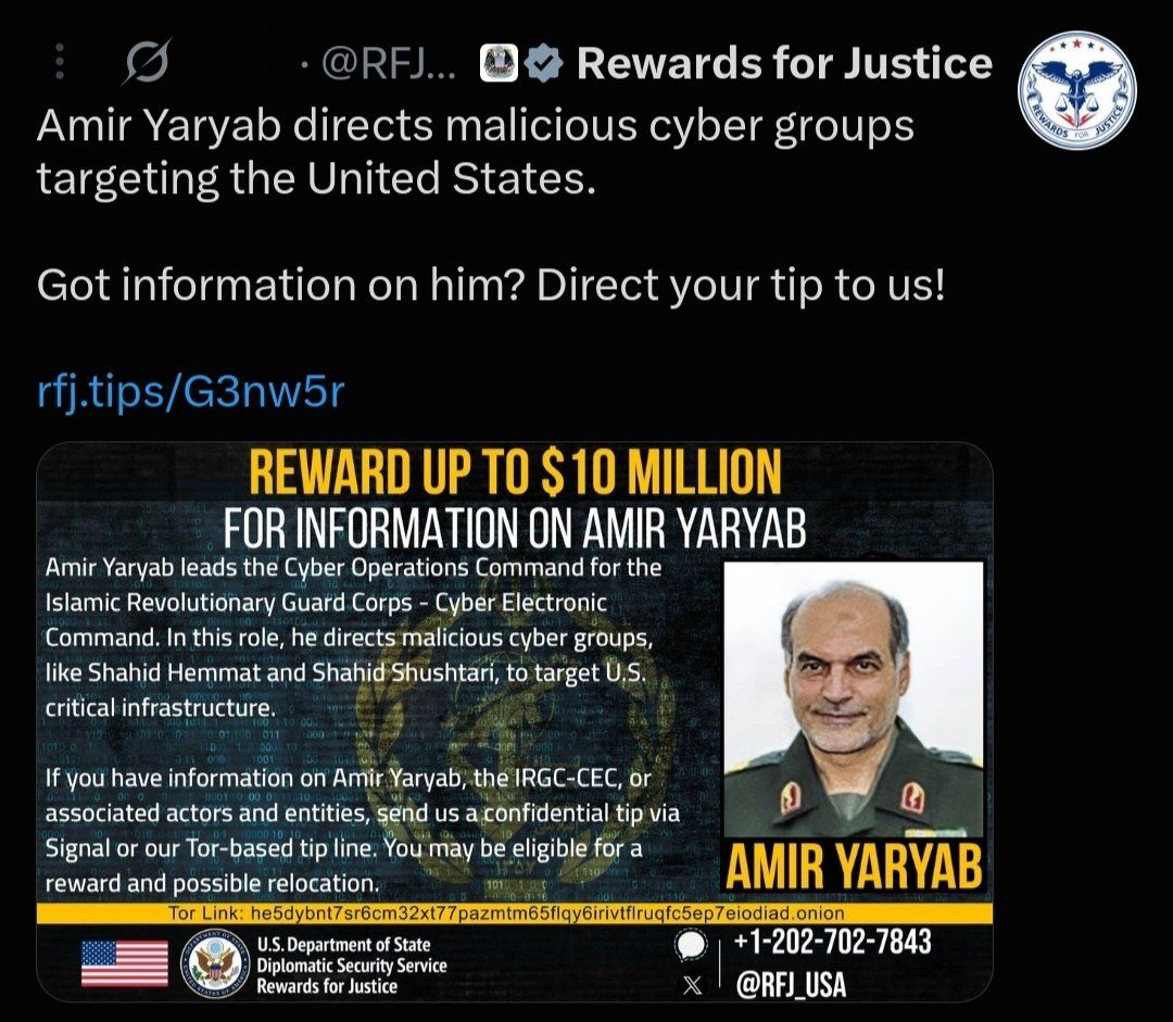 @Open Source Intel: The US State Department has offered a reward of up to $10 million for information leading to the arrest of Amir Yariab, a soldier.
He is accused of heading the cyber operations command of the Islamic