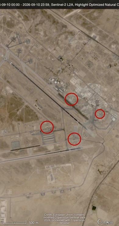 @Open Source Intel: Newly-released Sentinel-2 satellite imagery shows at least 4 clear impact points on Muwaffaq Salti Air Base, Jordan, following Tuesday’s Iranian missile strikes.
A taxiway and three aircraft shelters